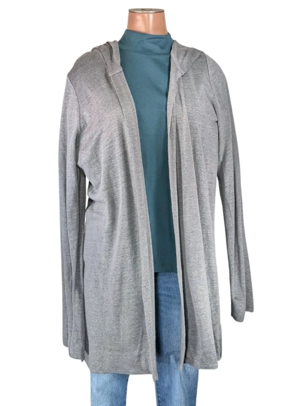 Tahari Large Gray Linen Open Front Hoodie Lightweight Long Cardigan